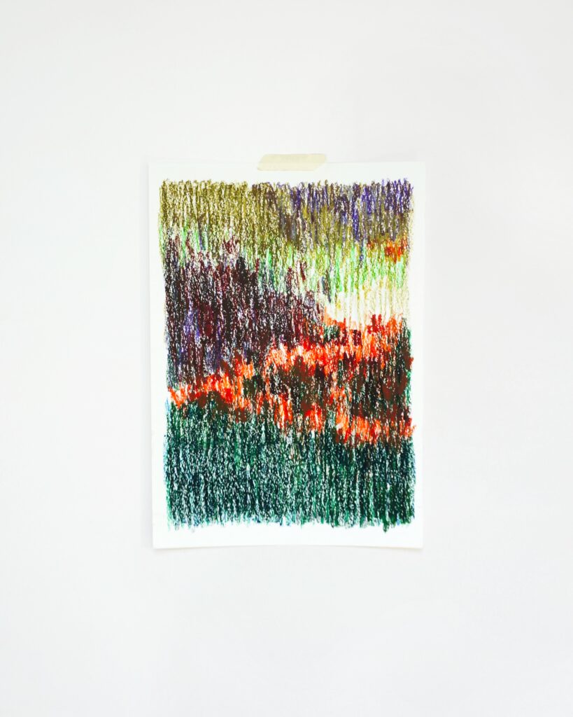 Portrait 05, pastel à l’huile abstrait de Carla Raymond de Boysson, composé de verts profonds, de rouges orangés et de touches kakis et violettes