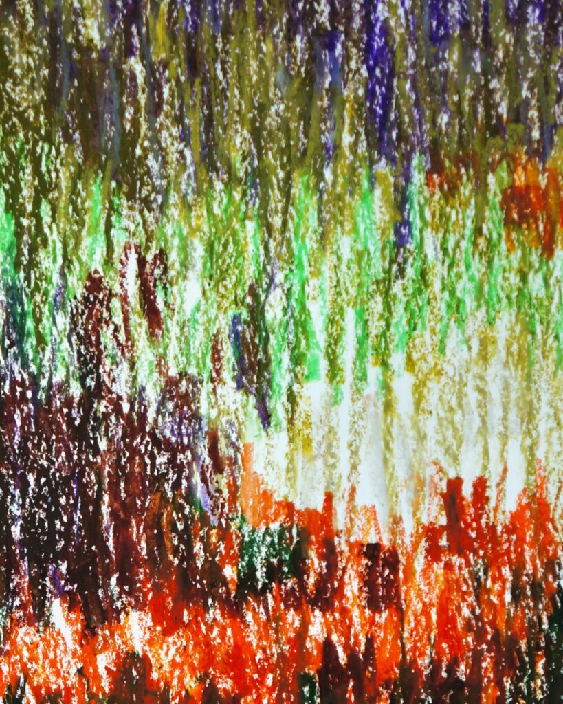 Détail de Portrait 05 : lumière vert pâle et blanche traversée de traits violets, jaunes et orangés